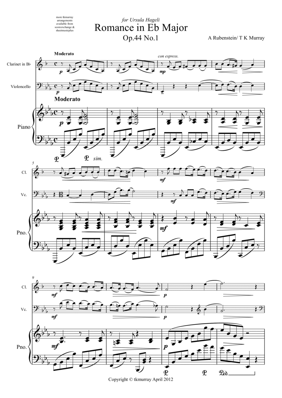 Rubinstein - Romance Op44 No1 - Clarinet, Cello & Piano Clarinet scores gallery preview page 1