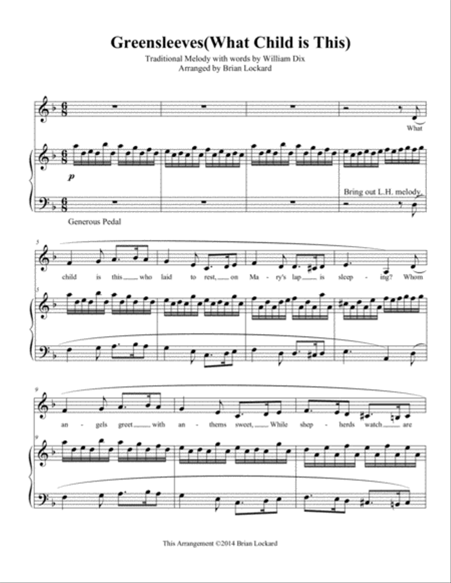 Greensleeves(What Child is This?) Piano Solo or Piano and Medium Voice Medium Voice scores gallery preview page 1