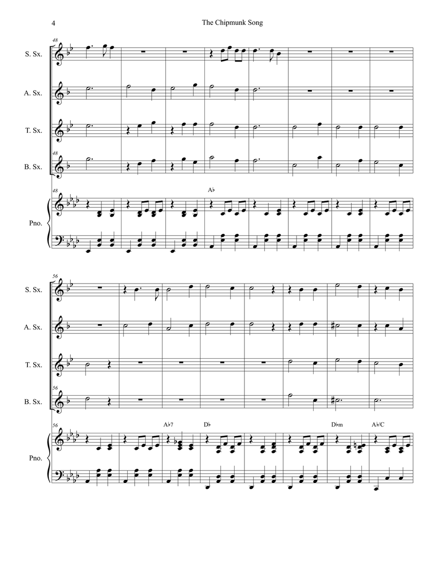 The Chipmunk Song Saxophone Quartet scores gallery preview page 4