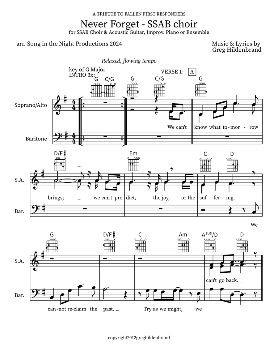 Never Forget - SSAB Choir 3-Part scores gallery preview page 1
