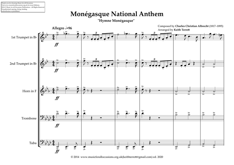 Monégasque (Monaco) National Anthem for Brass Quintet (MFAO World National Anthem Series) Brass Quintet scores gallery preview page 2