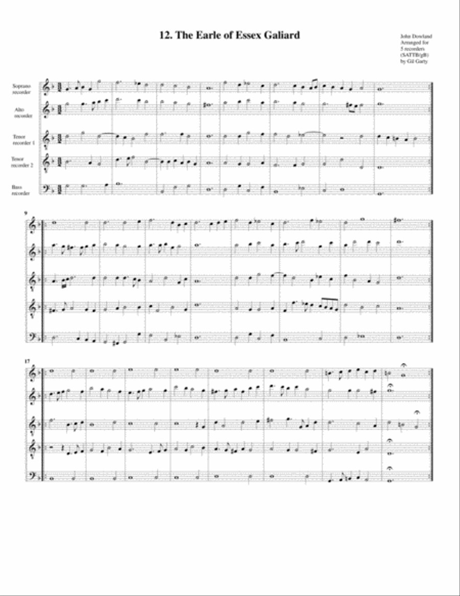 The Earle of Essex Galiard (12, 1604) (arrangement for 5 recorders) Recorder scores gallery preview page 1