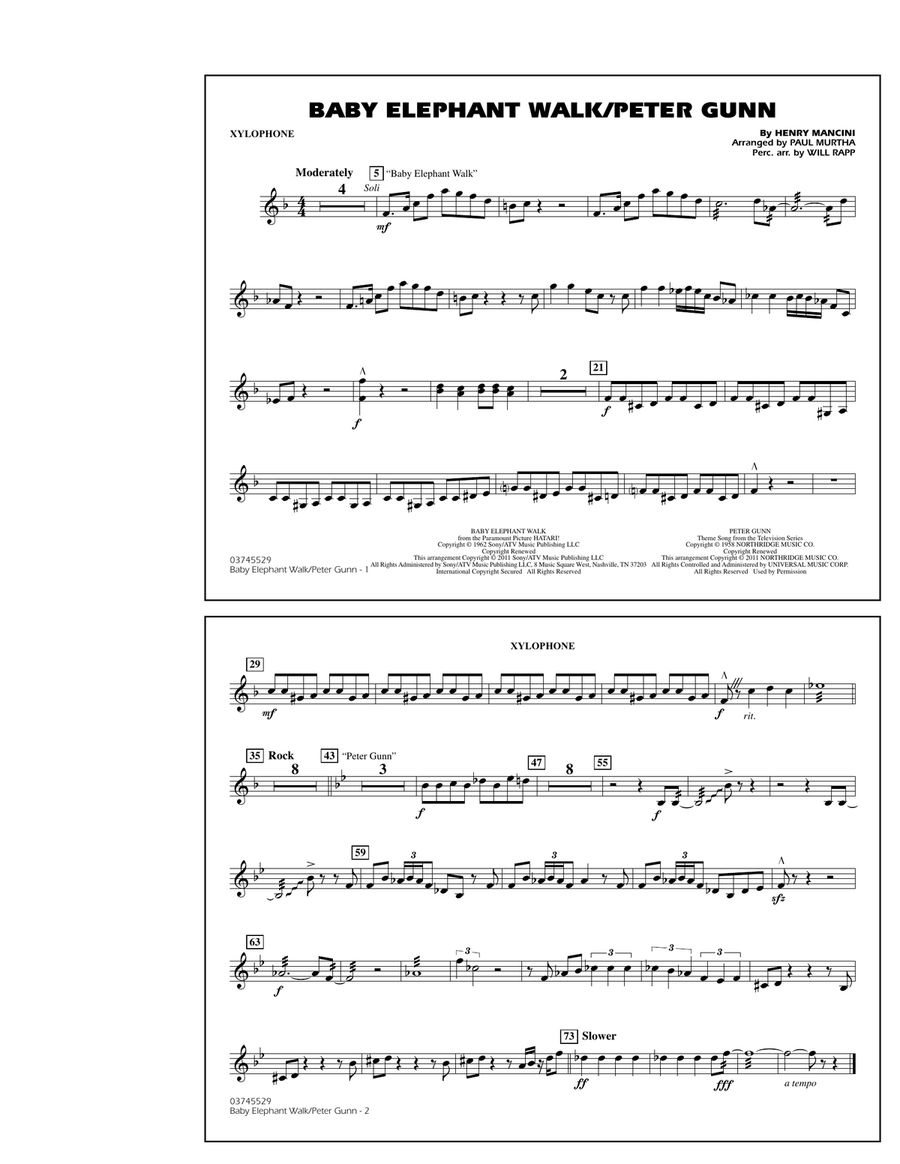 Baby Elephant Walk/Peter Gunn - Xylophone Marching Band scores gallery preview page 1