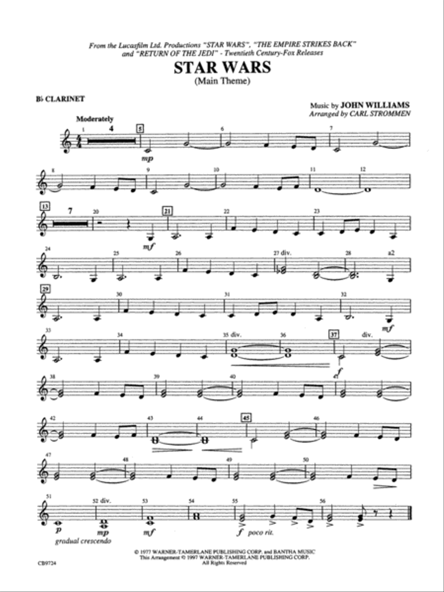 Star Wars Main Theme: 1st B-flat Clarinet Concert Band scores gallery preview page 1
