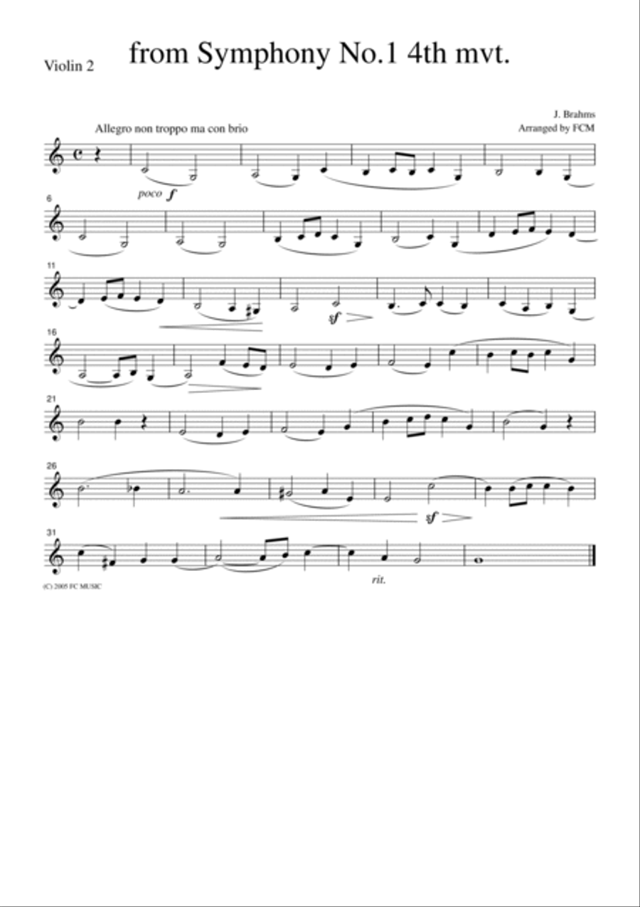 Brahms from Symphony No.1, 4th mvt., for string quartet, CB305 String Quartet scores gallery preview page 2