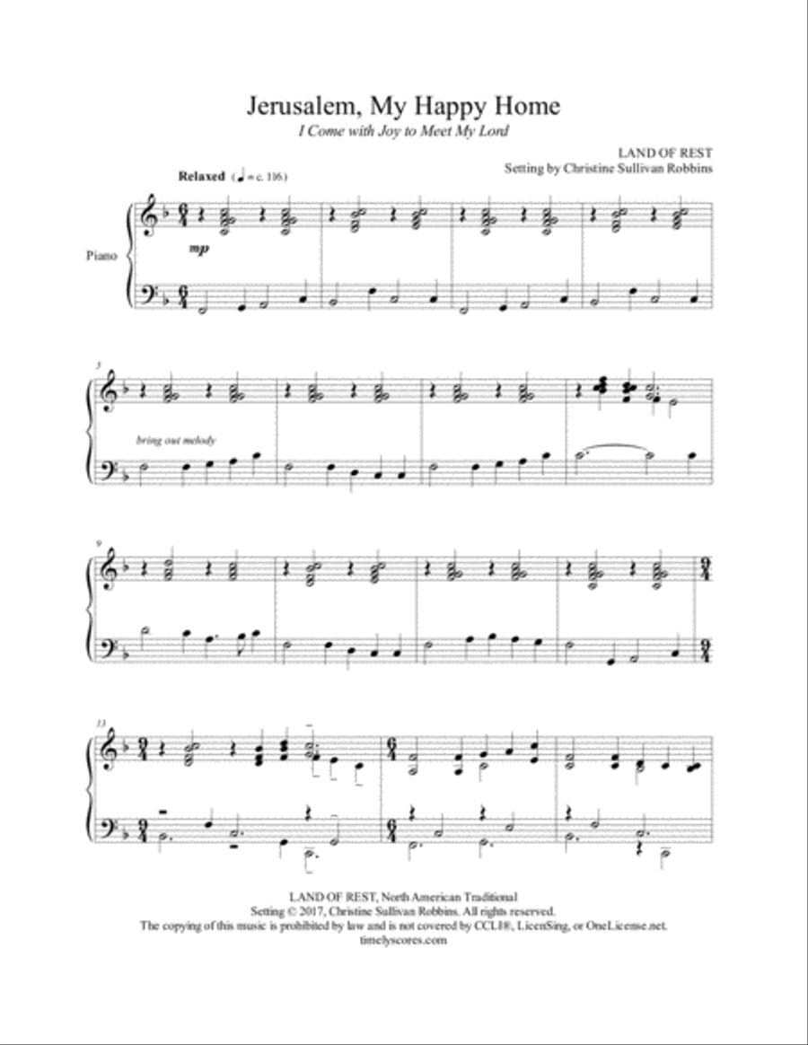Jerusalem, My Happy Home (I Come wth Joy) Piano Solo scores gallery preview page 1