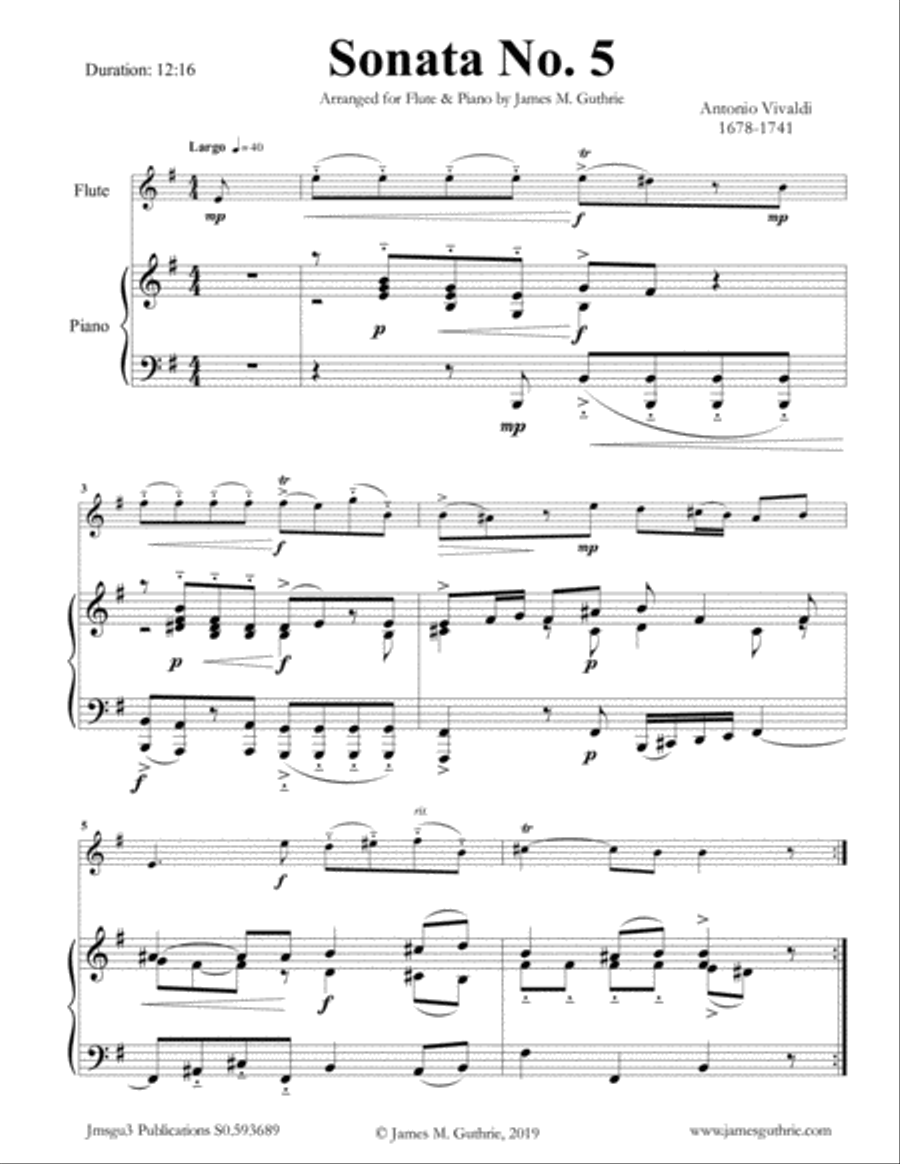 Vivaldi: Sonata No. 5 for Flute & Piano Flute Solo scores gallery preview page 1