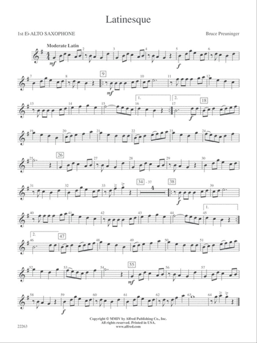 Latinesque: E-flat Alto Saxophone Concert Band scores gallery preview page 1