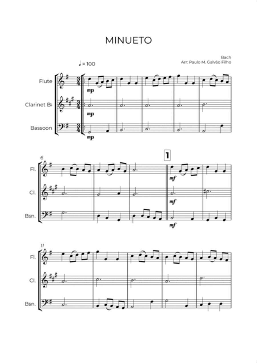 MINUETO - BACH - WIND TRIO (FLUTE, CLARINET & BASSOON) Woodwind Trio scores gallery preview page 2