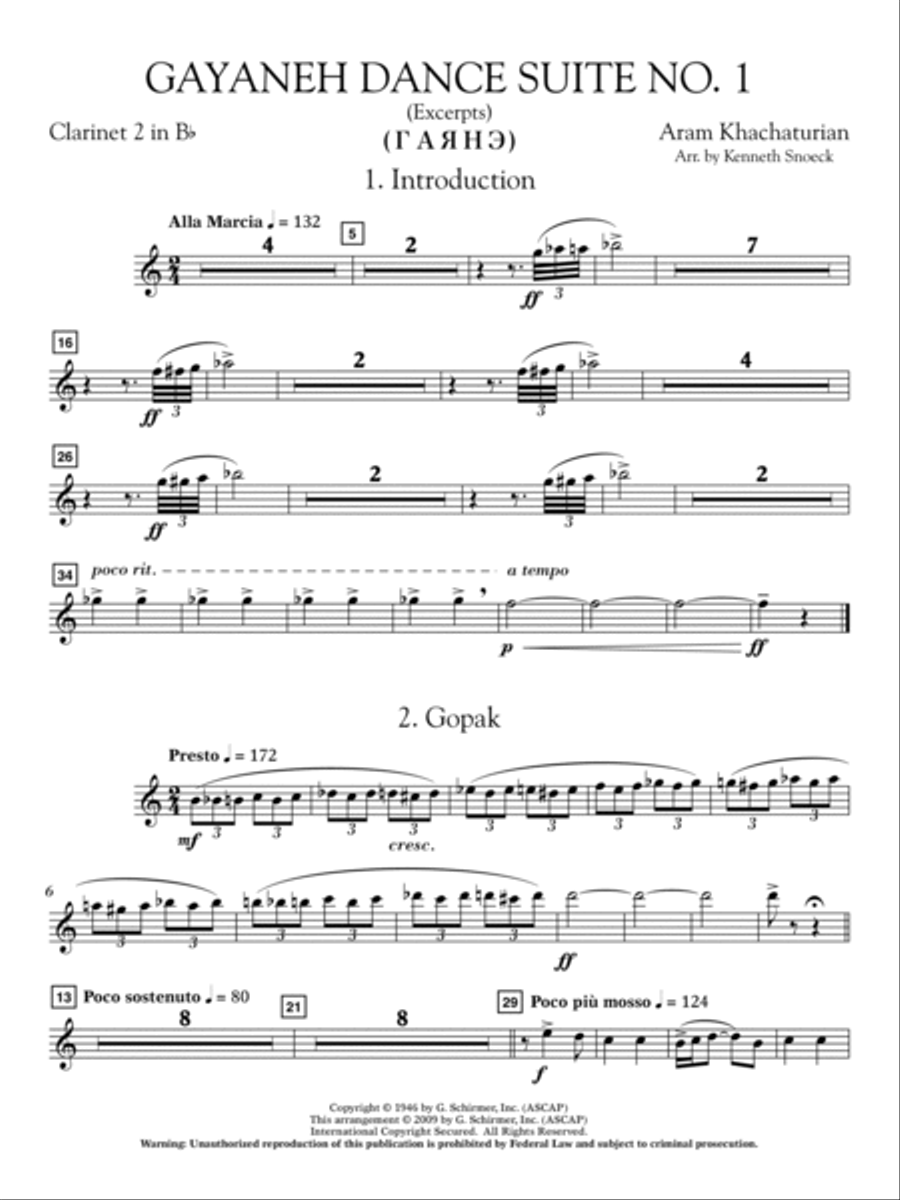 Gayenah Dance Suite No. 1 (Excerpts) (arr. Kenneth Snoeck) - Bb Clarinet 2 Concert Band scores gallery preview page 2