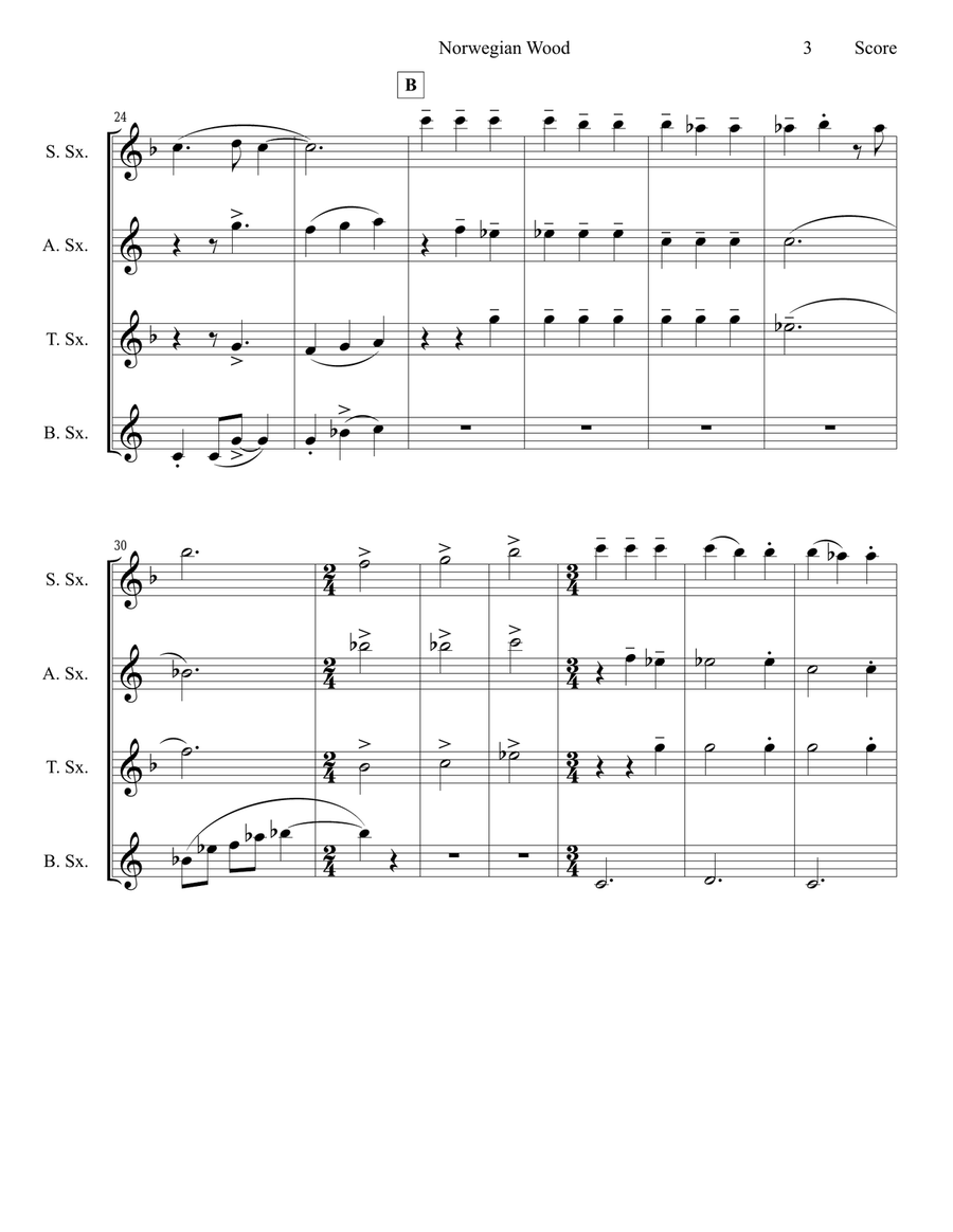 Norwegian Wood (This Bird Has Flown) Saxophone Quartet scores gallery preview page 4