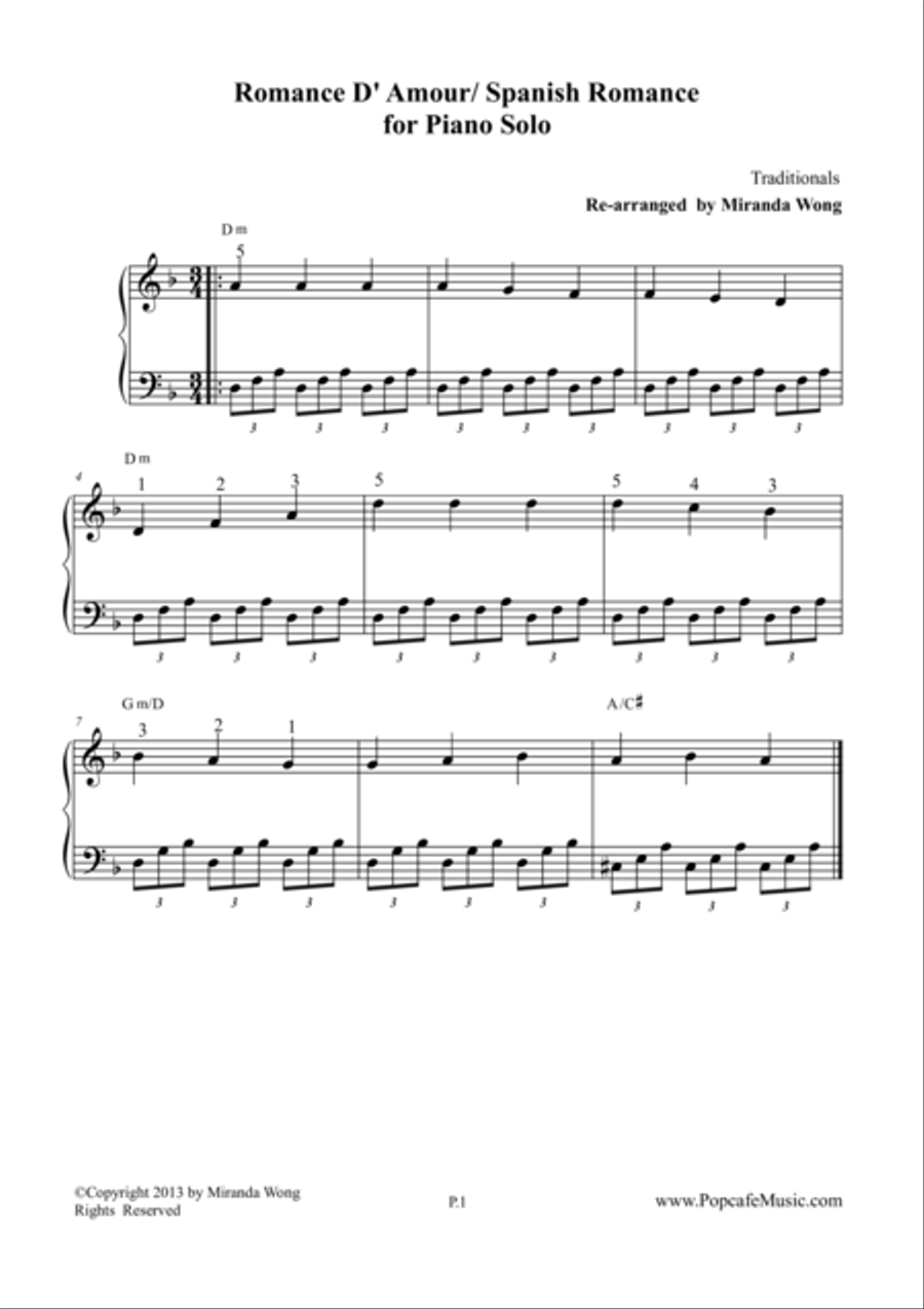 Romance de Amor (Spanish Romance) - Beautiful Piano Version 4-Part scores gallery preview page 1