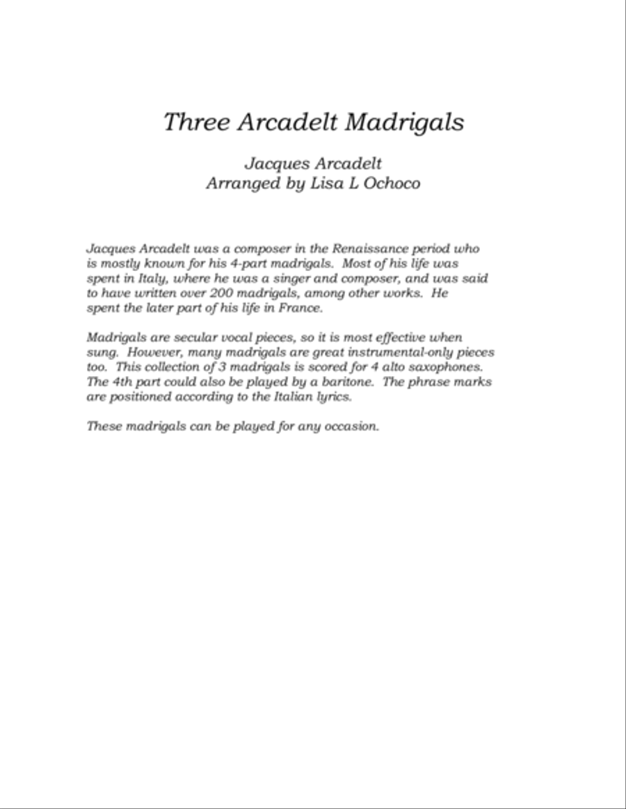 Three Arcadelt Madrigals for Saxophone Quartet Saxophone Quartet scores gallery preview page 4
