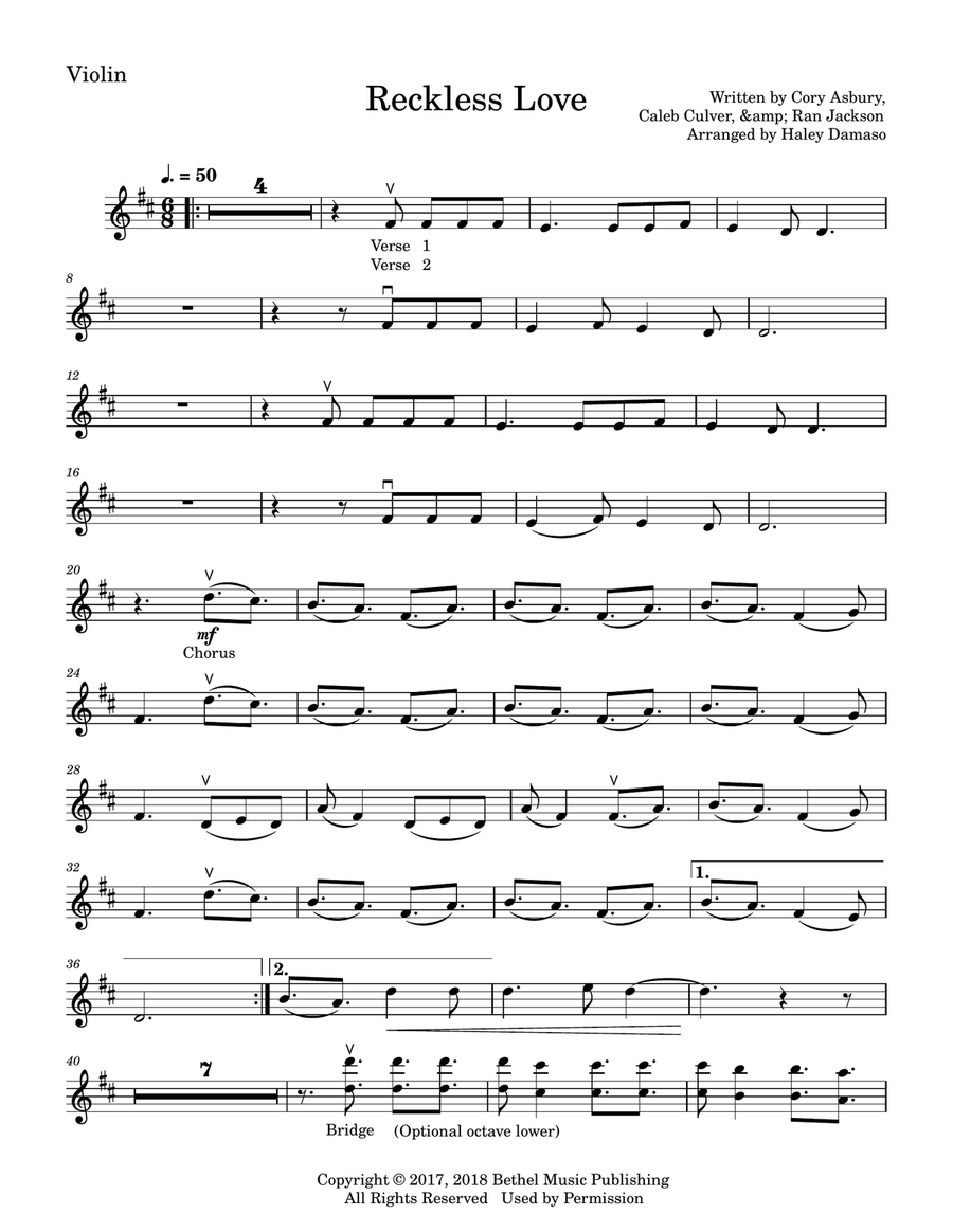 Reckless Love Reckless Love Violin Solo scores gallery preview page 1