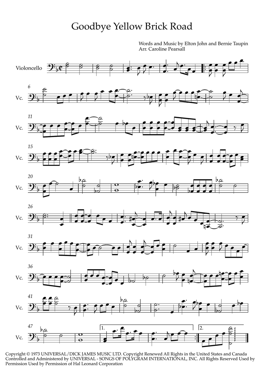 Goodbye Yellow Brick Road Cello Solo scores gallery preview page 1