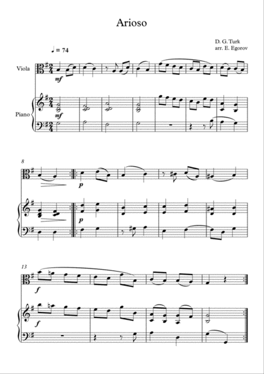Arioso, Daniel Gottlob Turk, For Viola & Piano Viola scores gallery preview page 1