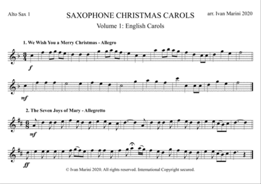 SAXOPHONE CHRISTMAS CAROLS vol. 1 - 12 English Carols for Sax Quartet (SATB or AATB) Saxophone Quartet scores gallery preview page 1