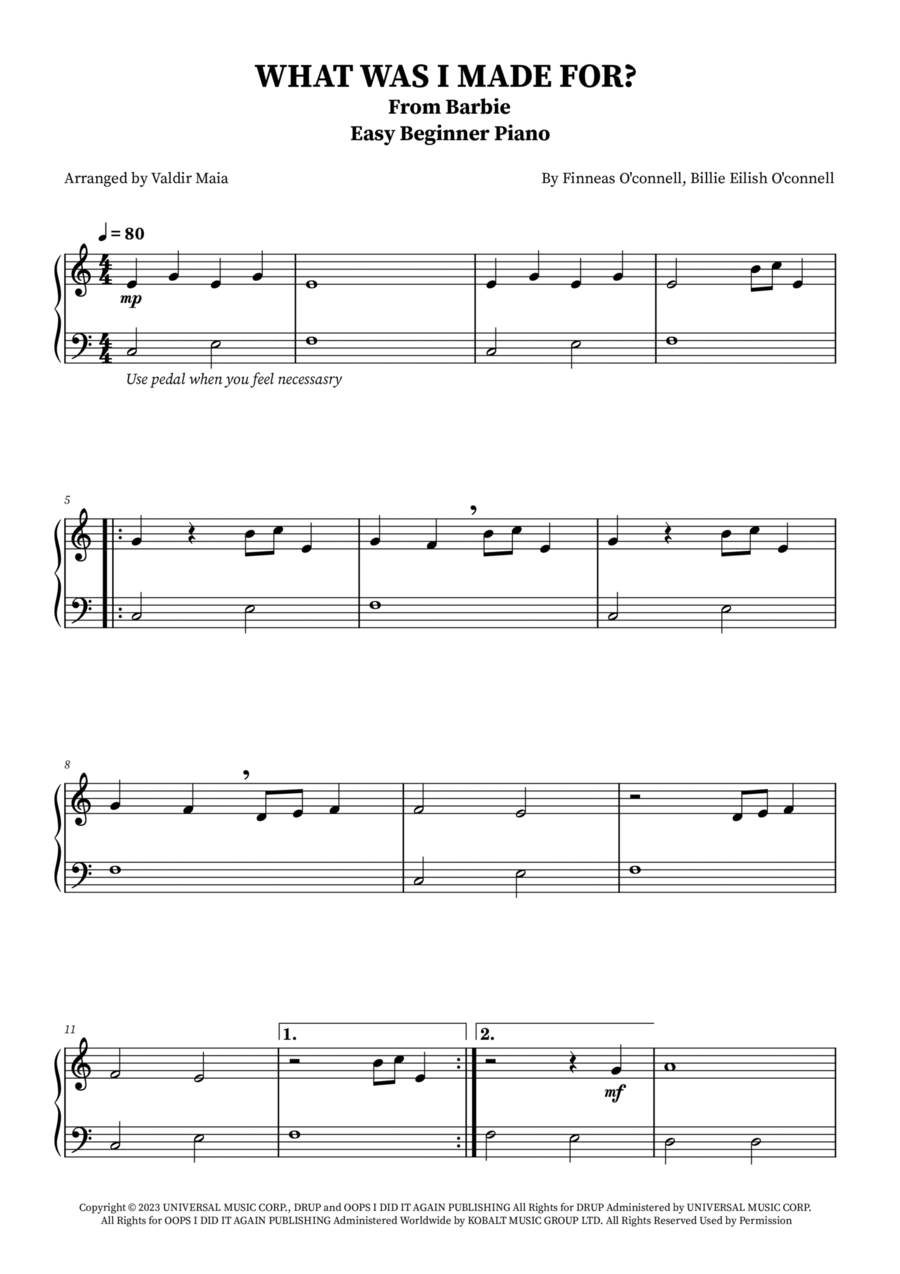 What Was I Made For? Easy Piano scores gallery preview page 1