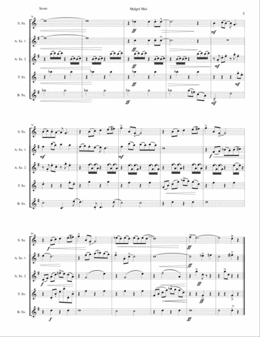 Malgré Moi (Against my will) for saxophone quintet Saxophone Quintet scores gallery preview page 5