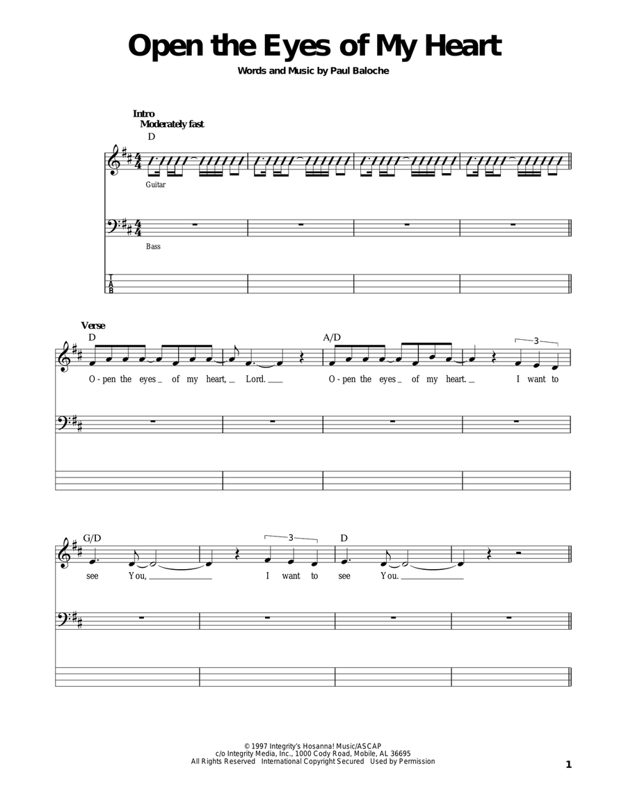 Open The Eyes Of My Heart Bass Guitar Tablature scores gallery preview page 1