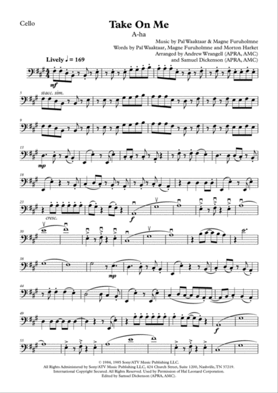 Take On Me Cello Solo scores gallery preview page 1