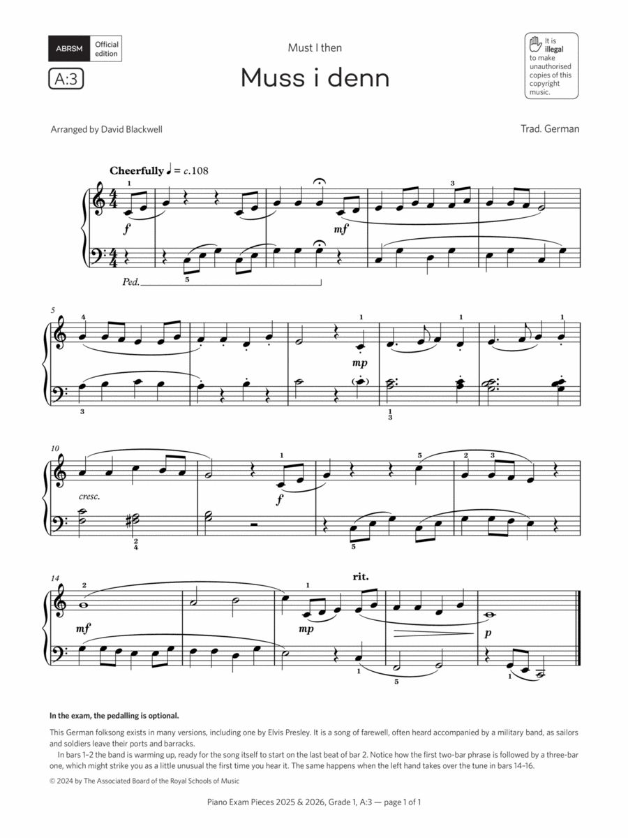 Muss i denn (Grade 1, list A3, from the ABRSM Piano Syllabus 2025 & 2026) Piano Method scores gallery preview page 1