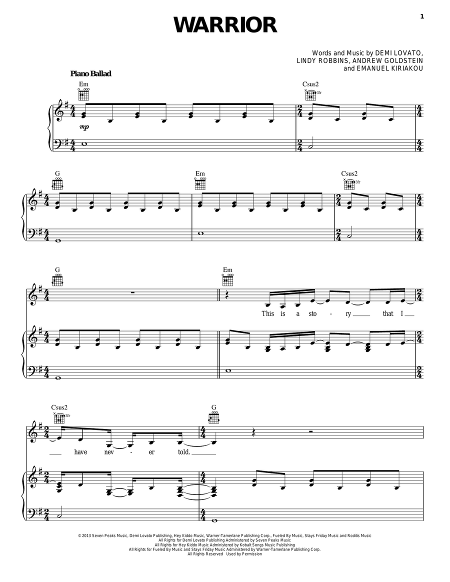 Warrior Piano, Vocal, Guitar scores gallery preview page 1