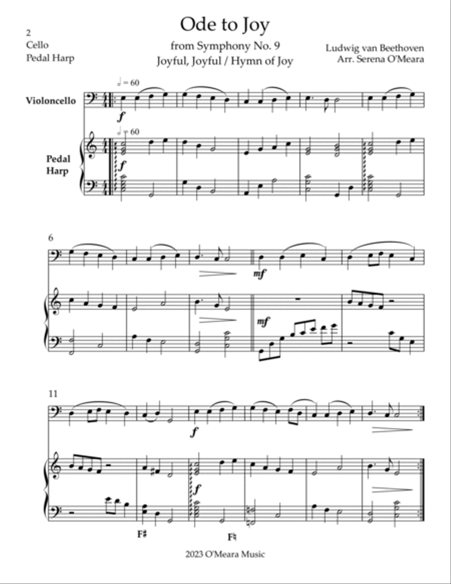 Ode to Joy, Duet for Cello & Pedal Harp String Duet scores gallery preview page 2