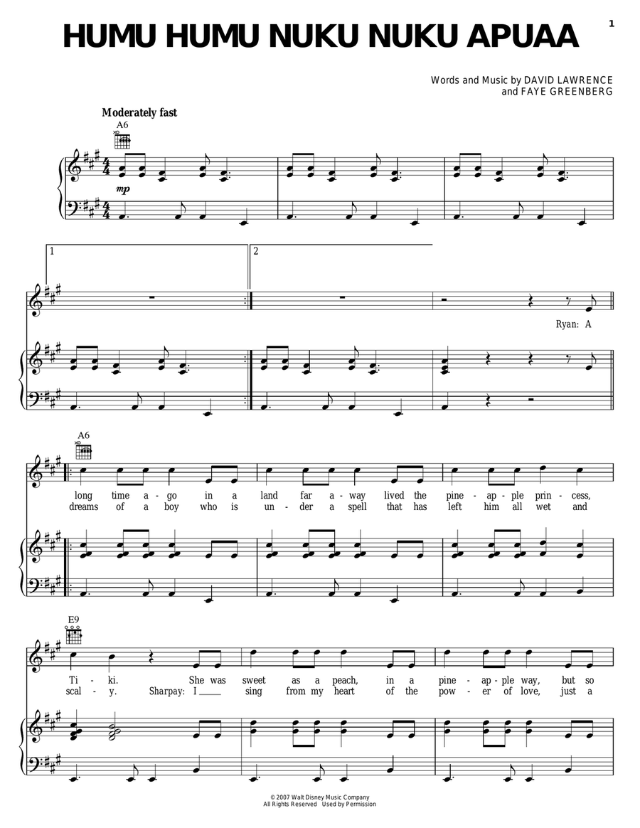 Humu Humu Nuku Nuku Apuaa Piano, Vocal, Guitar scores gallery preview page 1
