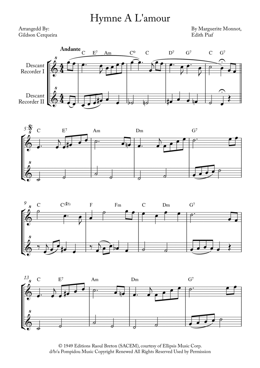 Hymne A L'amour Woodwind Duet scores gallery preview page 1