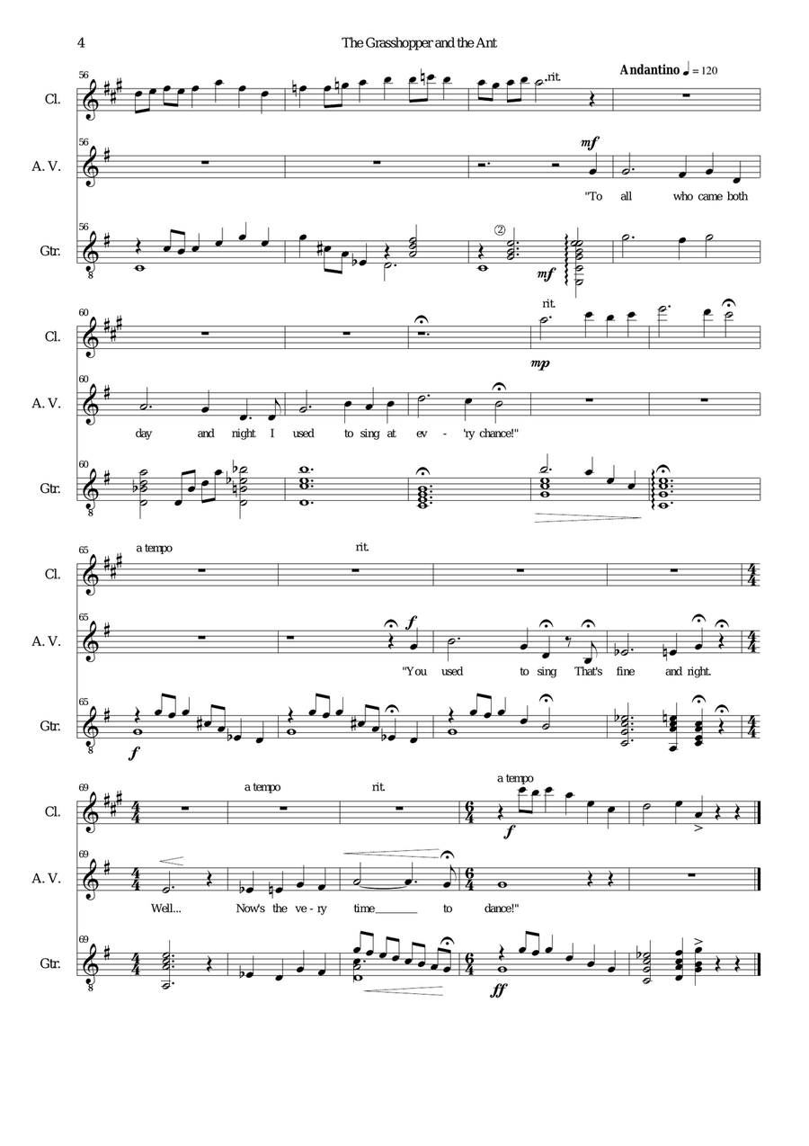 The grasshopper and the ant for alto voice, clarinet and guitar Small Ensemble scores gallery preview page 4