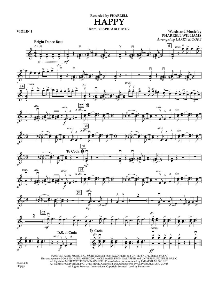 Happy (from Despicable Me 2) - Violin 1 Orchestra scores gallery preview page 1
