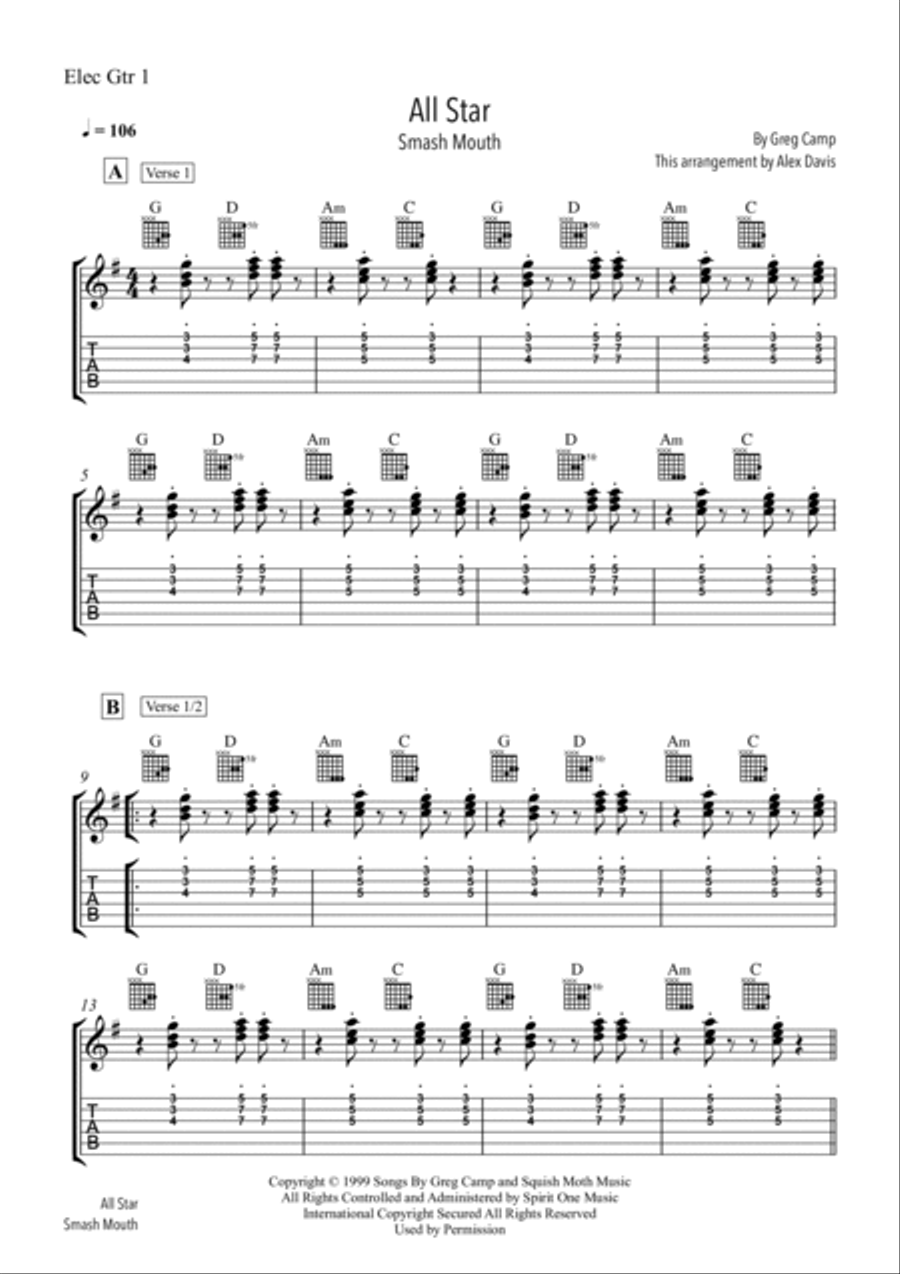 All Star - easy rock/pop band version (keys, guitar TAB, bass TAB, drums) Small Ensemble scores gallery preview page 4