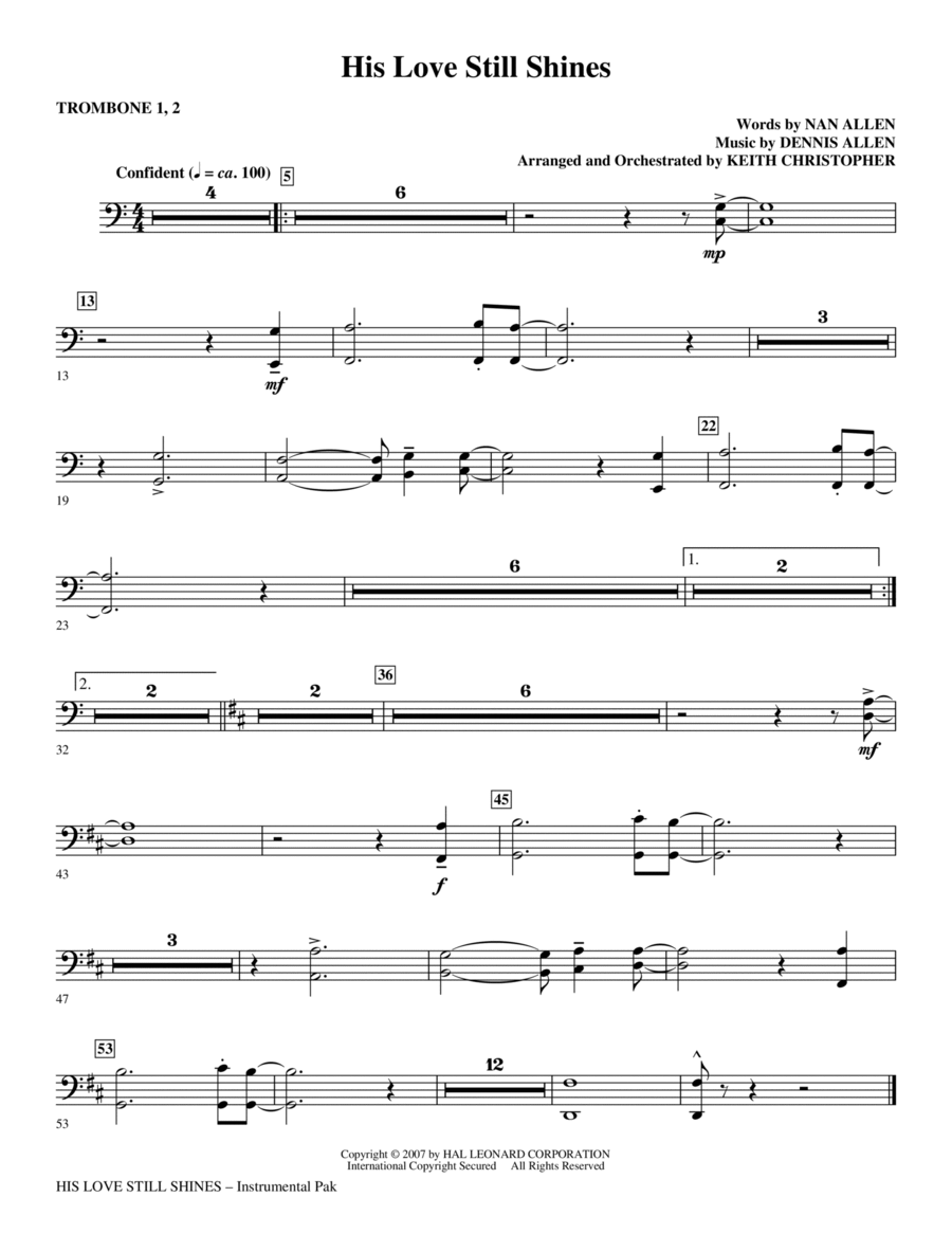 His Love Still Shines - Trombone 1 & 2 Choir scores gallery preview page 1