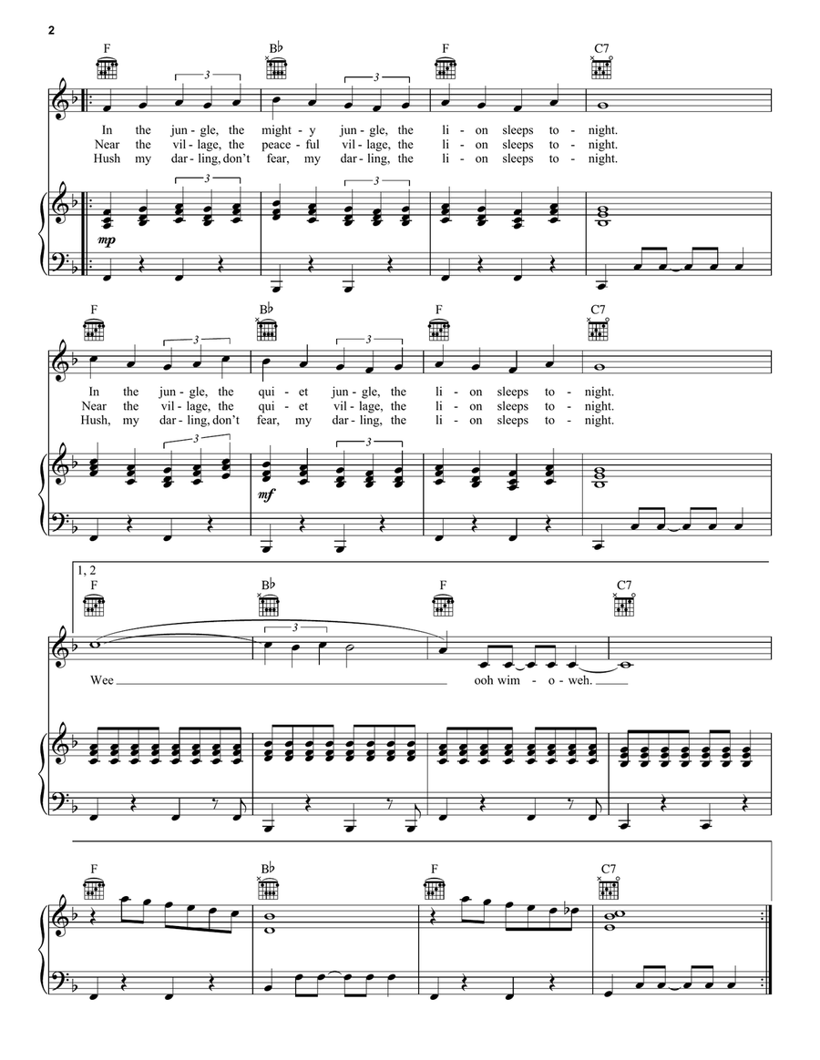 The Lion Sleeps Tonight Piano, Vocal, Guitar scores gallery preview page 2
