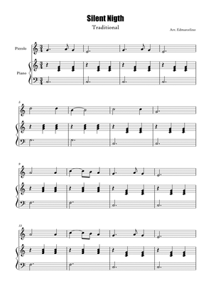 Piccolo and Piano Version 2 Sheet Music for Christmas Song "Silent Nigth" to Beginners
