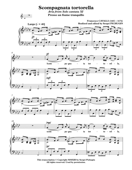 CAVALLI Francesco: Scompagnata tortorella, aria from the cantata, arranged for Voice and Piano (F mi