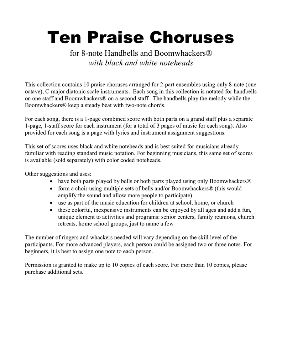 Ten Praise Choruses (for 8-note Bells and Boomwhackers with Black and White Notes) Handbell Choir scores gallery preview page 3