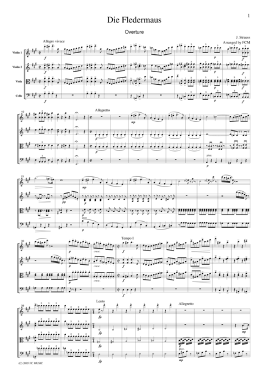 J.Strauss Die Fledermaus (The Bat) Overture, for string quartet, CS107 String Quartet scores gallery preview page 1