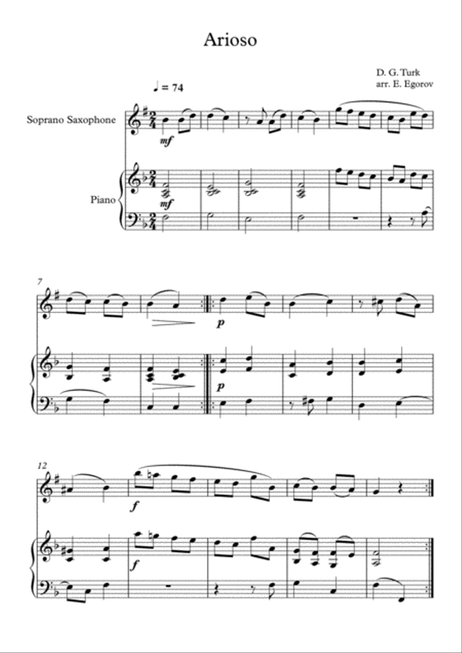 Arioso, Daniel Gottlob Turk, For Soprano Saxophone & Piano Soprano Saxophone scores gallery preview page 1