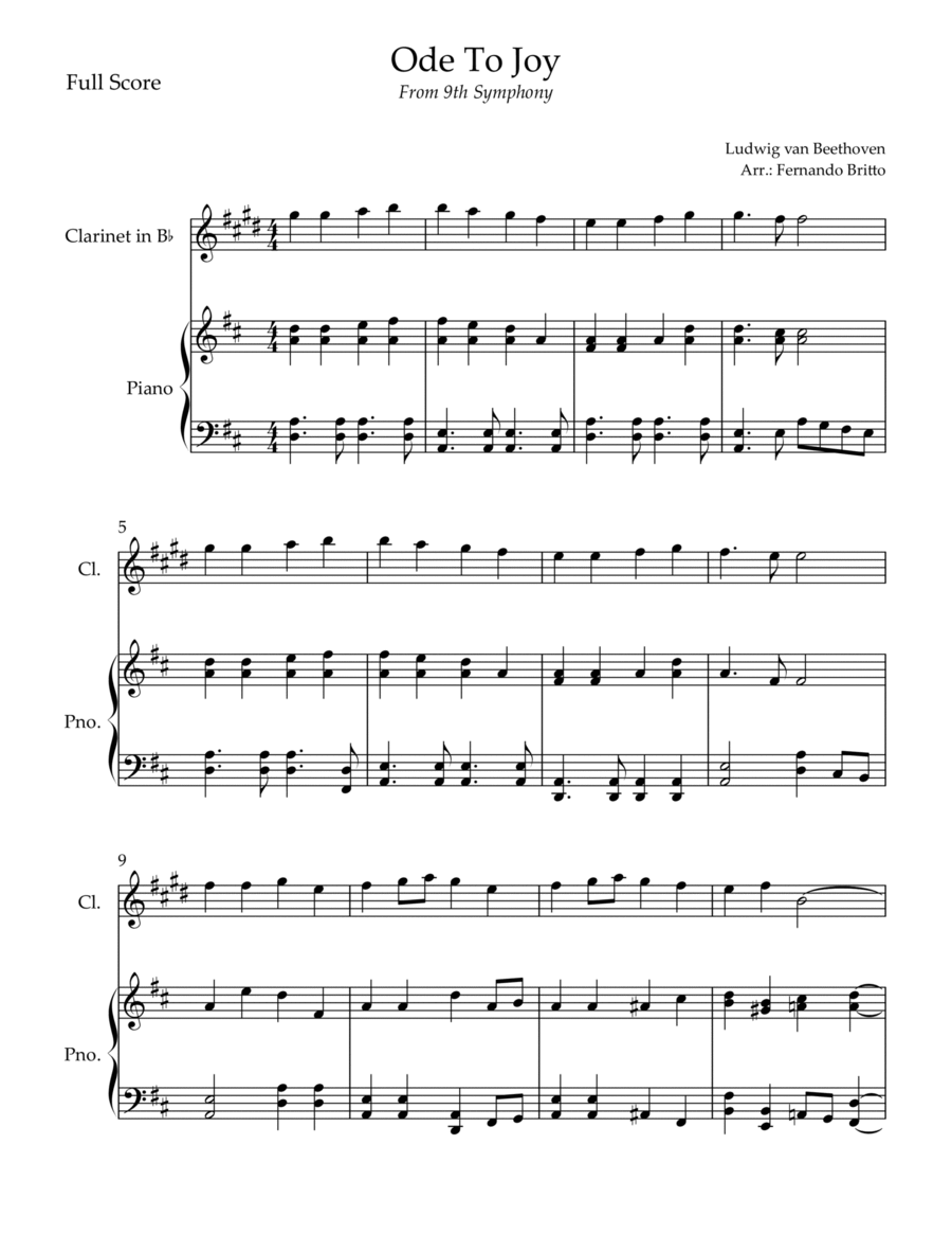 Ode To Joy Theme (from Beethoven's 9th Symphony) for Clarinet in Bb Solo and Piano Accompaniment. B-Flat Clarinet scores gallery preview page 1