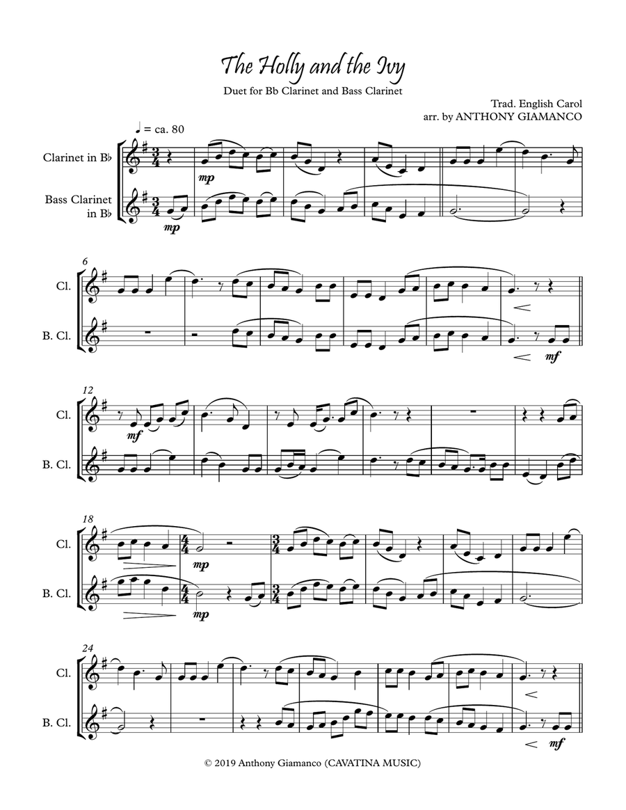 The Holly and the Ivy (duet for B-flat Clarinet and Bass Clarinet) Woodwind Duet scores gallery preview page 3
