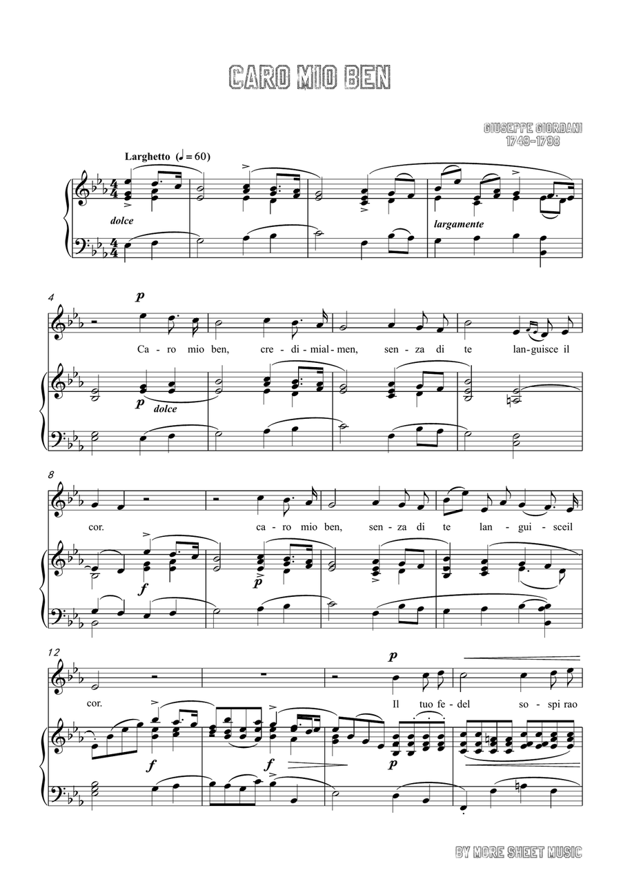 Giordani,Giuseppe-Caro mio ben in E flat Major,for Voice and Piano Piano, Vocal scores gallery preview page 3