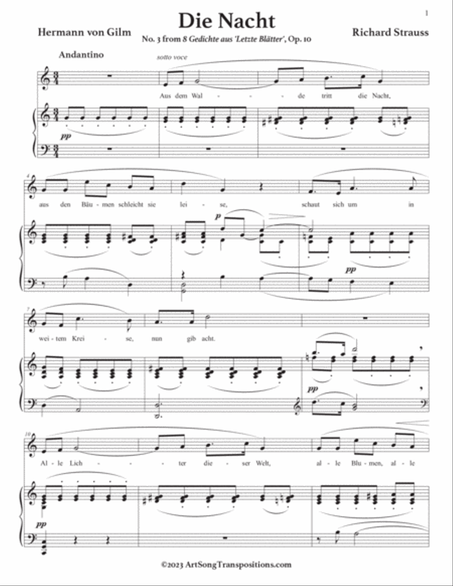 STRAUSS: Die Nacht, Op. 10 no. 3 (transposed to C major) Voice scores gallery preview page 2