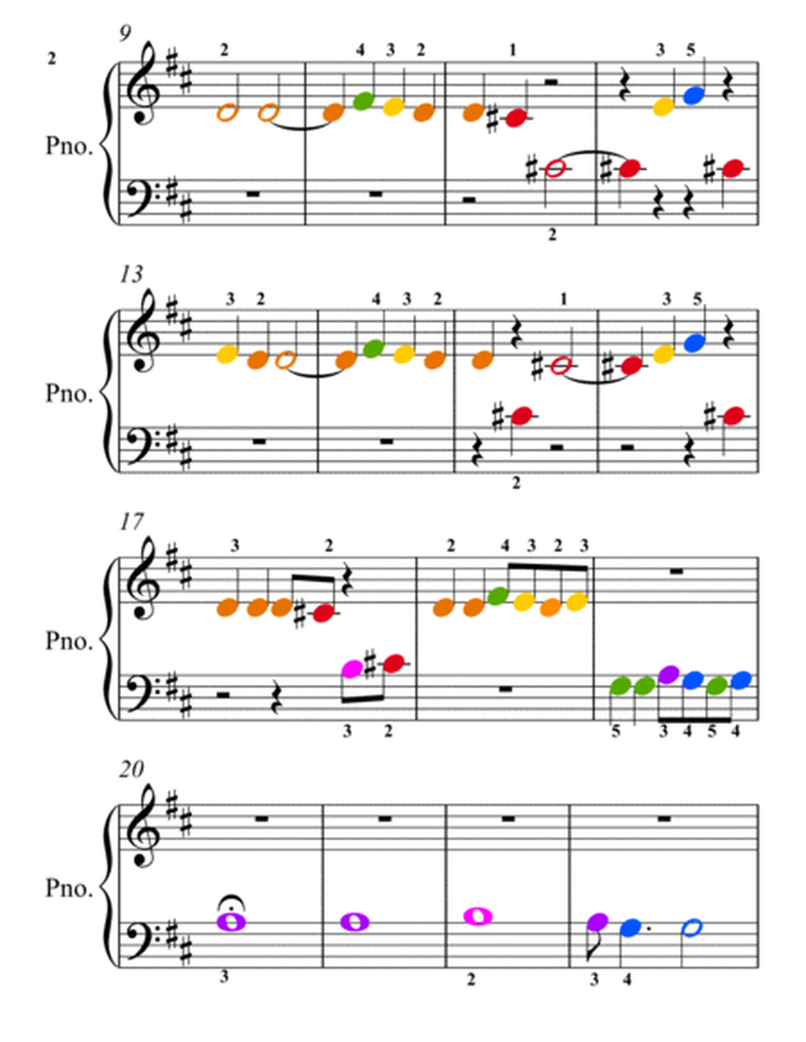 Eine Kleine Nachtmusik 1st Movement Beginner Piano Sheet Music with Colored Notation