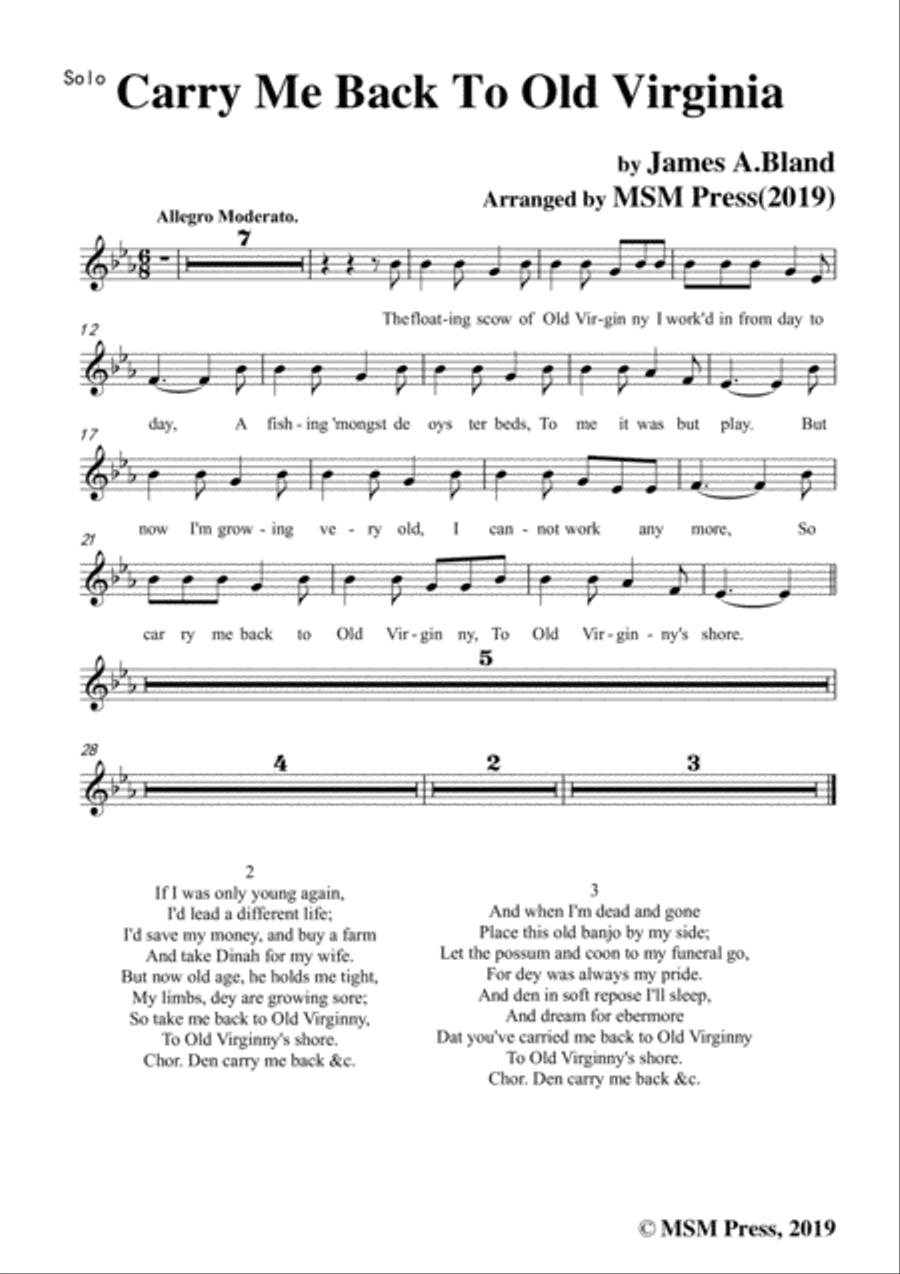 James A. Bland-Carry Me Back To Old Virginny,in E flat Major,for Voice &Pno Voice scores gallery preview page 6