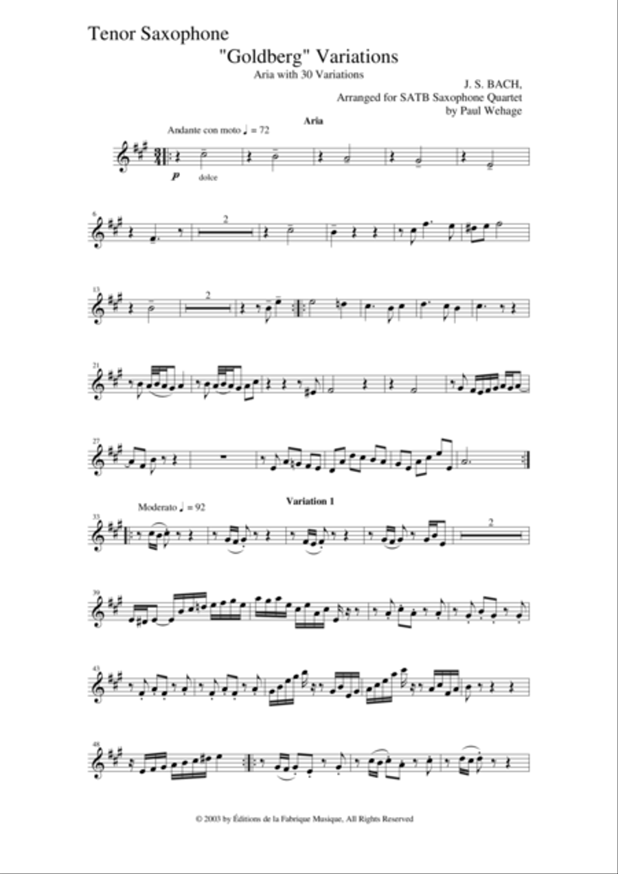 Johann Sebastian Bach/Wehage Goldberg Variations, BWV 988, arranged for SATB saxophone Quartet, teno Saxophone Quartet scores gallery preview page 1