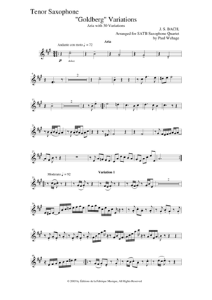 Book cover for Johann Sebastian Bach/Wehage Goldberg Variations, BWV 988, arranged for SATB saxophone Quartet, teno