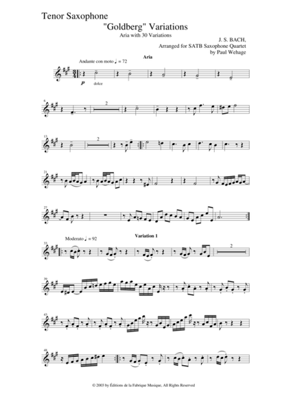 Johann Sebastian Bach/Wehage Goldberg Variations, BWV 988, arranged for SATB saxophone Quartet, teno