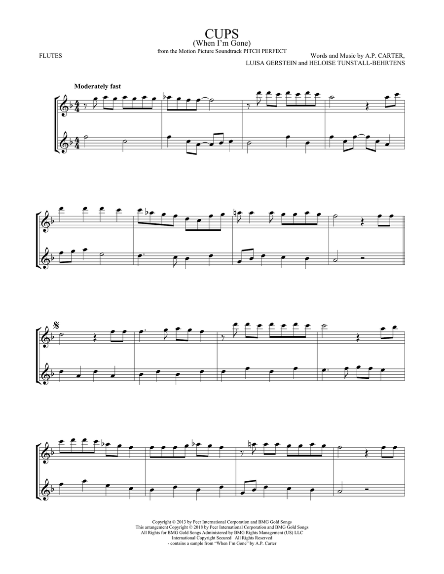 Cups (When I'm Gone) (from Pitch Perfect) Flute Duet scores gallery preview page 1